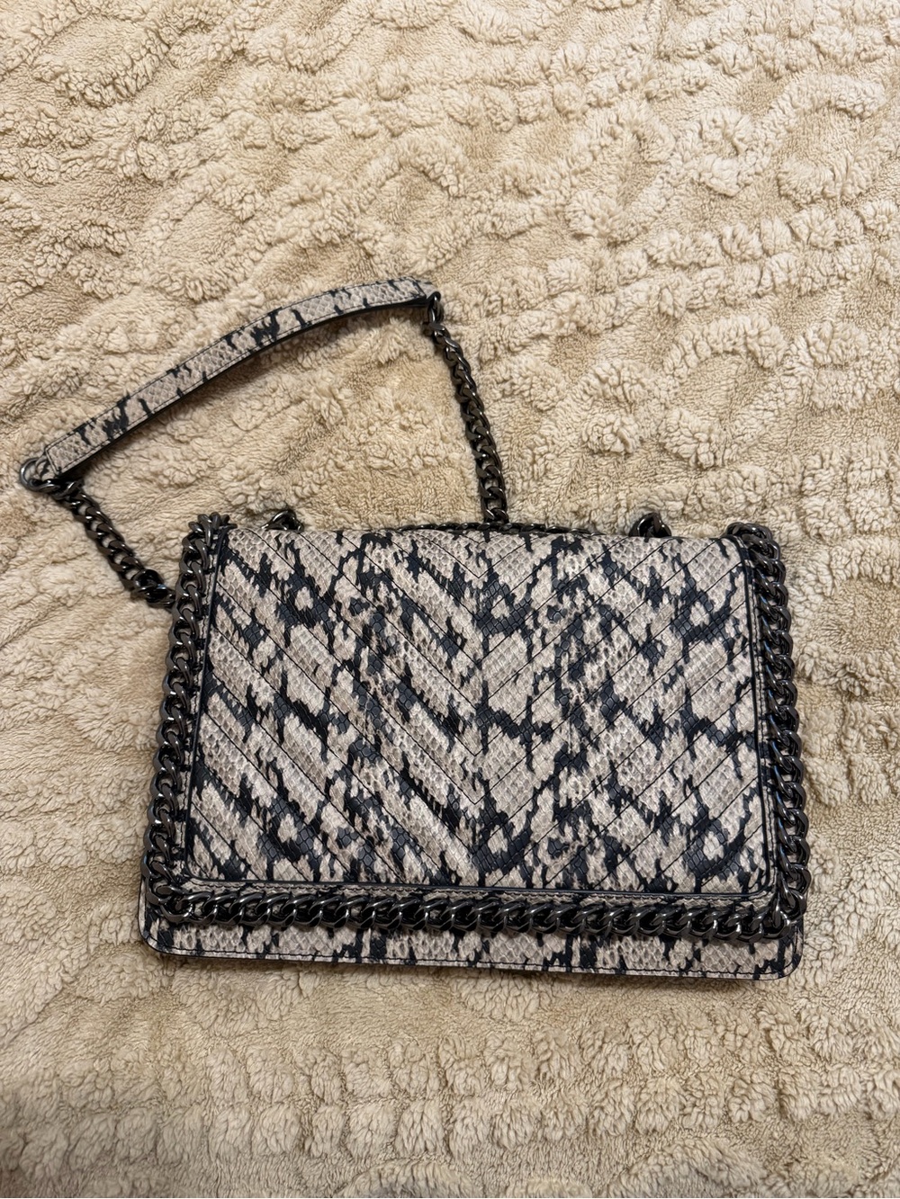 Aldo Black and Cream Snake-Print Quilted Shoulder Bag